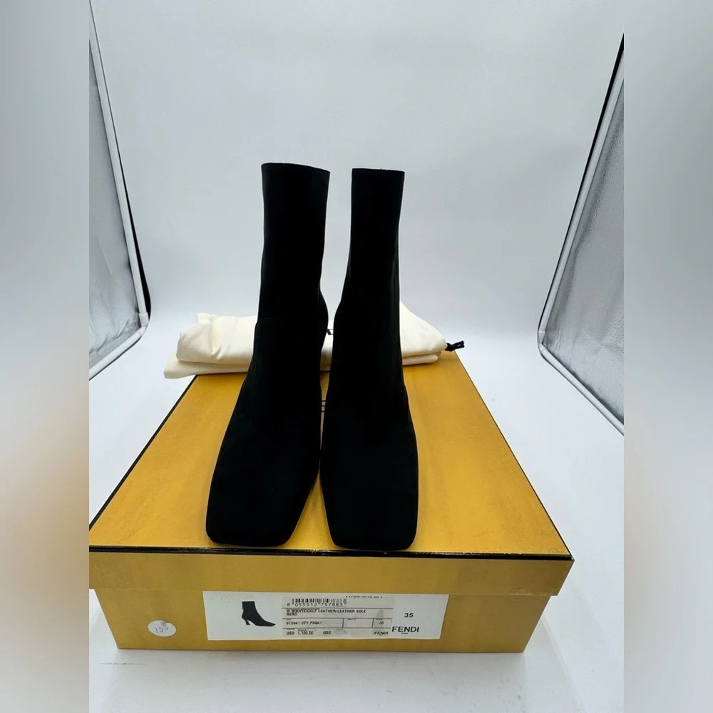 Fendi Black Suede Ankle Boots Logo Zip Heel Booties NWT Box IT 35 - Picture 15 of 17